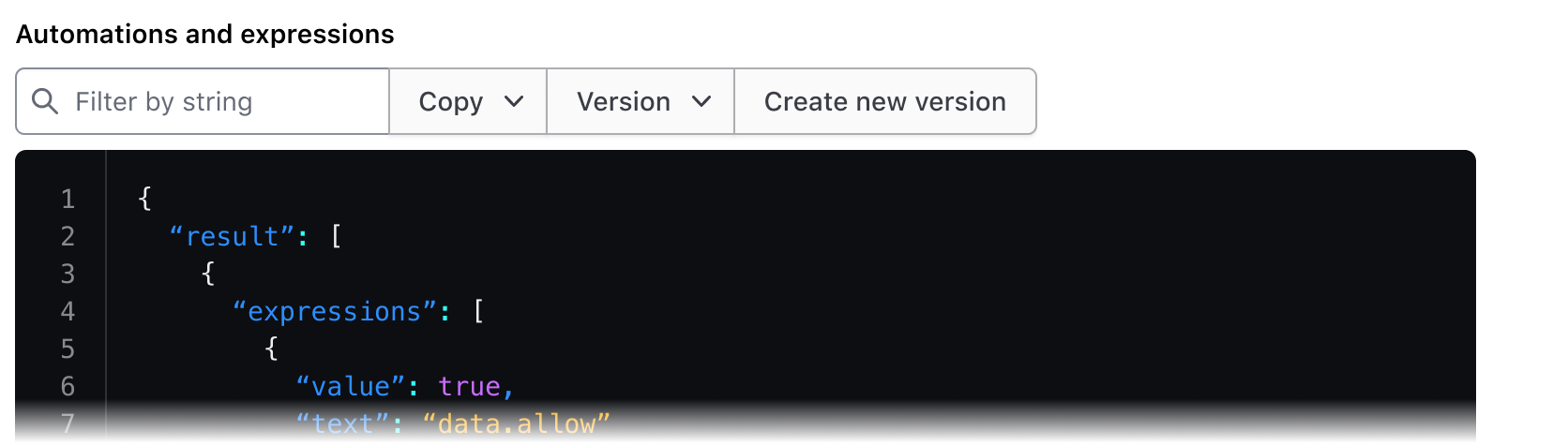 An external accessible name/title with a coupled search field, dropdown labeled with "Copy", another dropdown labeled with "Version" and a button labeled with "Create new version"